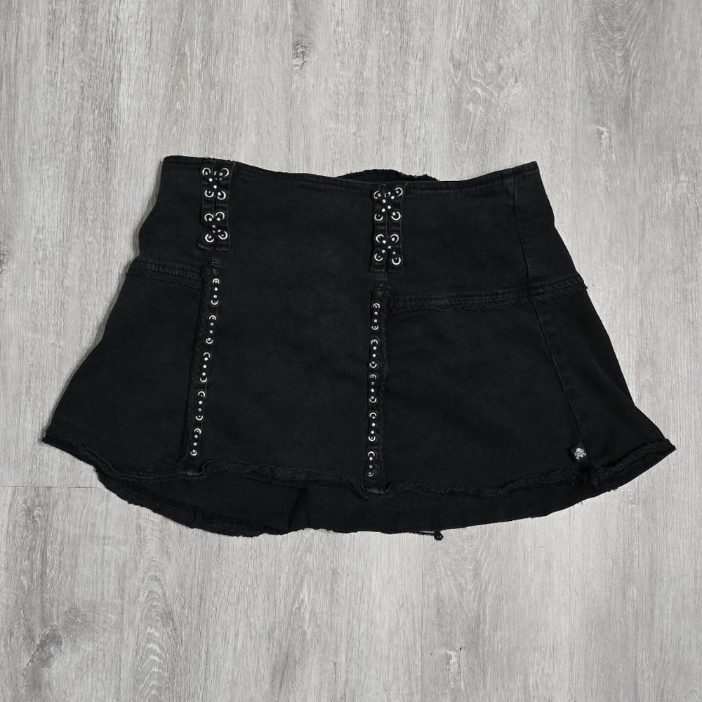 Vintage Y2K Tripp NYC Womens Black Punk Goth Lace Up Eyelets Mini Skirt XL